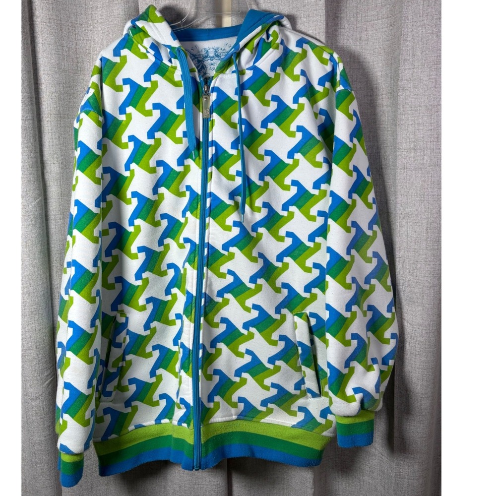Bluez Mens XL Full Zip Hoodie Geometric All Over Print Blue Green Streetwear Y2K